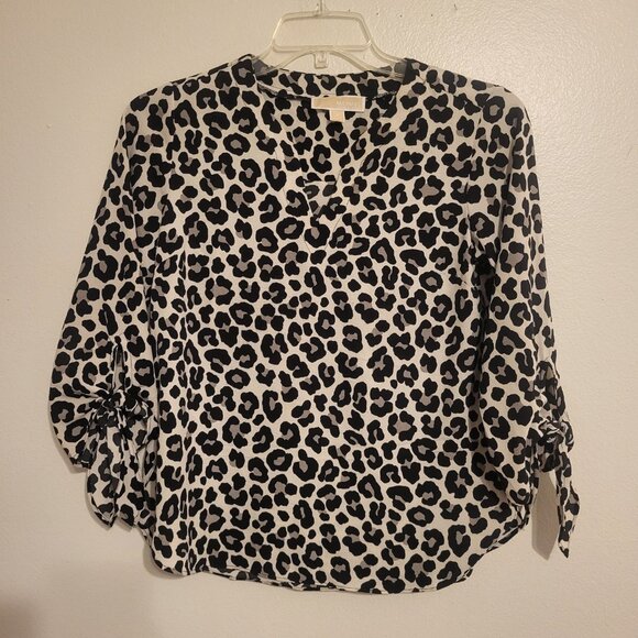 Michael Kors Womens Med Animal Print Blouse Pop Over 3/4 Tie Sleeve Boho Artsy - Picture 1 of 7